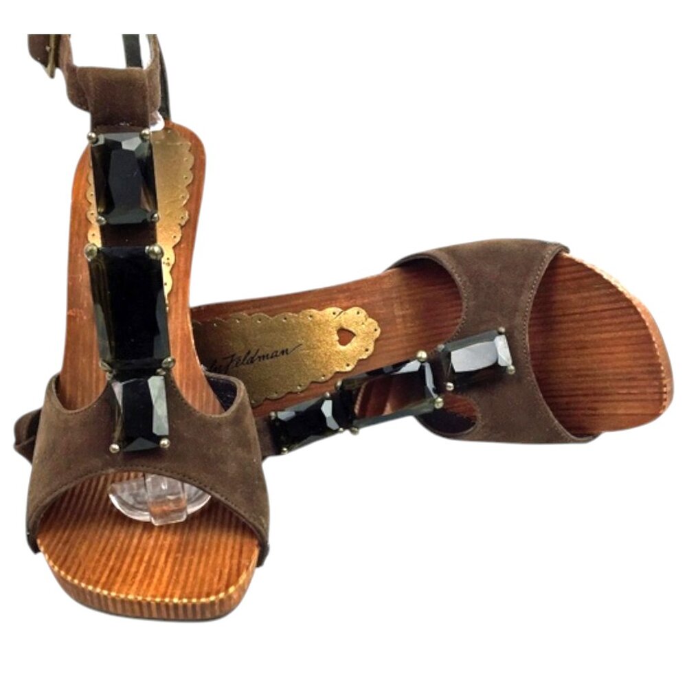 Beverly Feldman Cocoa Suede Bejeweled T-Strap Wooden‎ Sandals